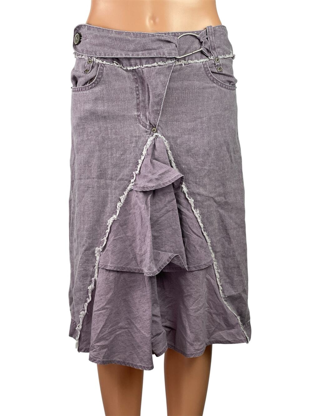 Promod Womens Purple Linen Distressed Ruffle Lagenlook Midi A-Line Skirt Size M